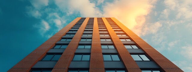 Towering modern high rise luxury apartments feature an elegant symmetrical facade constructed with concrete and steel accentuated by large that reflect the dramatic sky