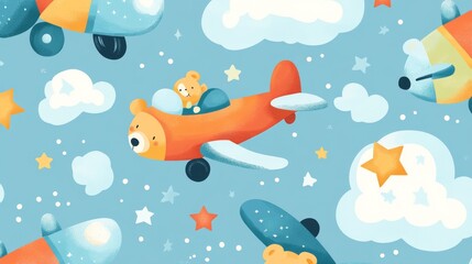 Naklejka premium 76.Charming seamless pattern with bears in colorful airplanes flying high, with whimsical cloud formations and scattered stars, creating a joyful and fun atmosphere for baby shower designs and kidsâ€™