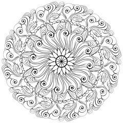 Outline doodle mandala with cockroaches and flower, creative coloring page for kids or adult activity