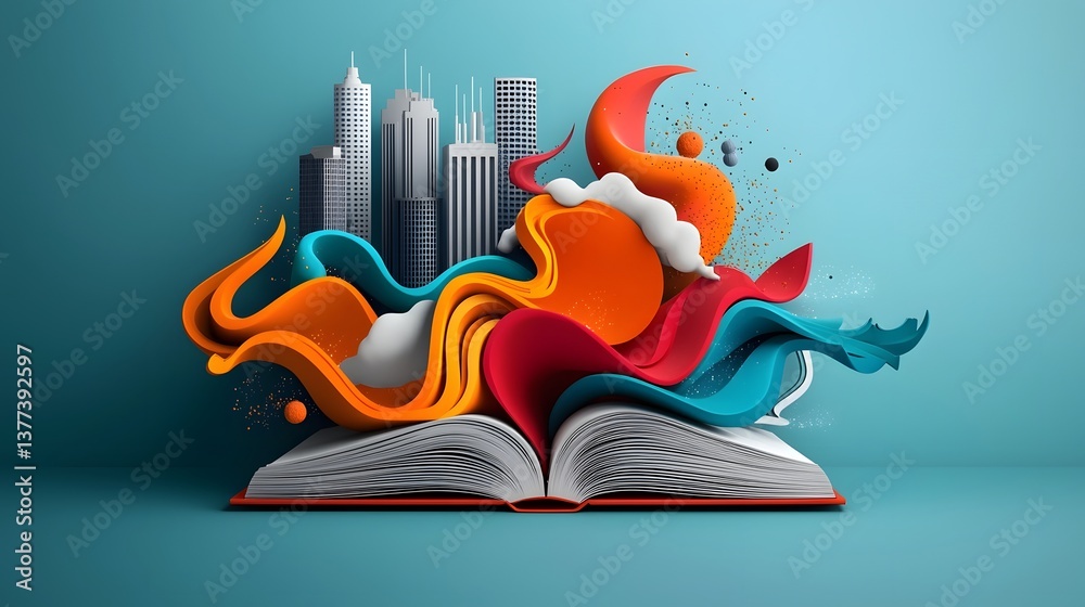 Poster vibrant data streams pour forth from an open book blending with a dynamic cityscape to create a visu