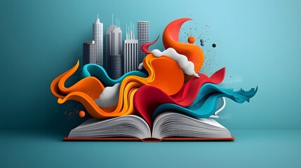 Vibrant data streams pour forth from an open book blending with a dynamic cityscape to create a visually striking that explores the intersection of education technology and cognitive abstraction