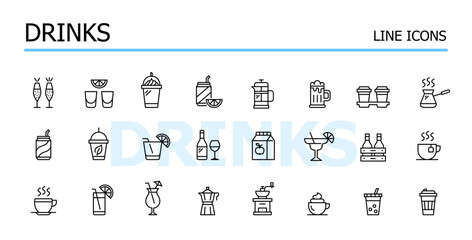Bar, cafe and restaurant drinks menu. Glasses, shots, wine bottle and beer mugs. Vector icons set