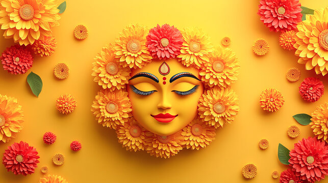 Happy Bathukamma Greetings In Telugu language Typography. Abstract Yellow Traditional floral Background