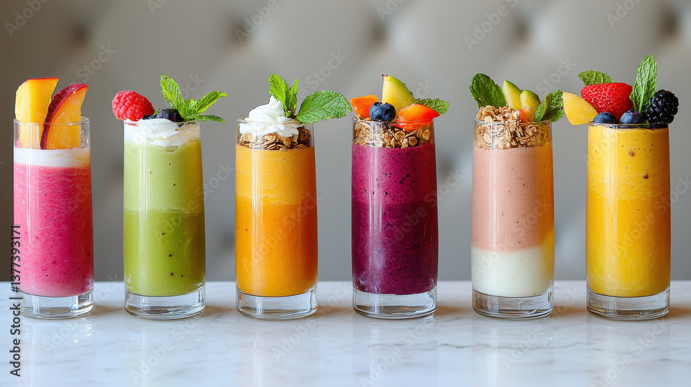 Poster colorful array of layered smoothies in glass jars, each topped with fresh fruit and mint, displayed on marble surface. vibrant colors and textures create inviting and refreshing scene