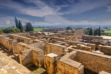 Madinat al-Zahra or Medina Azahara Archeological Site Terrace Aerial Landscape View. Majestic Fortified Moorish Medieval Palace City Ruins in Cordoba, Andalusia, Spain