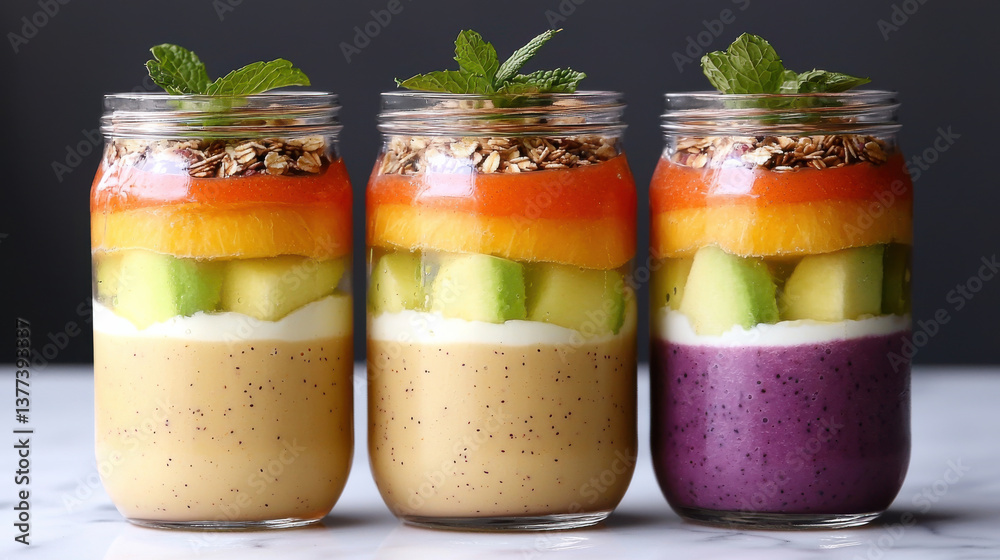 Poster vibrant display of three smoothie jars with layered fruits, yogurt, and granola, topped with fresh m