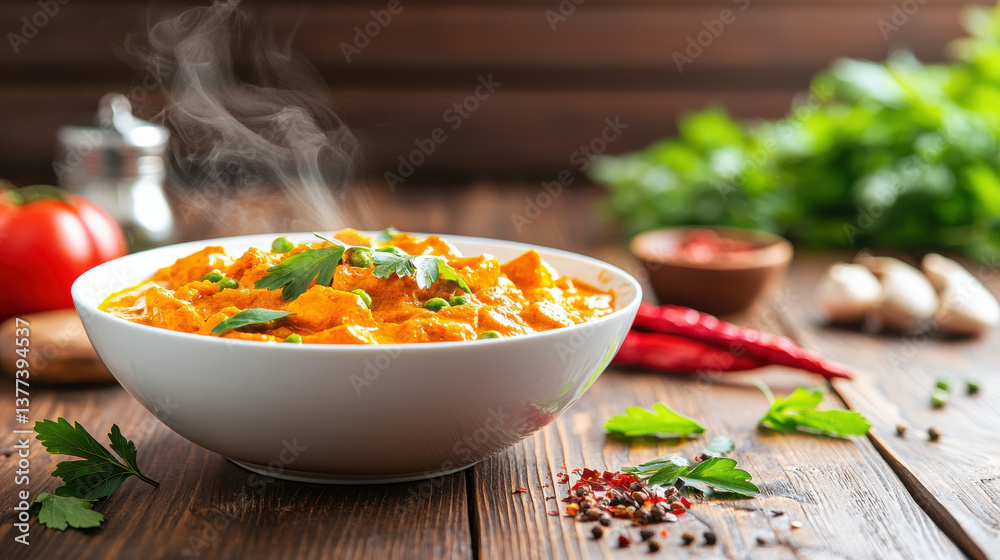 Poster steaming bowl of curry garnished with fresh herbs sits on rustic wooden table, surrounded by vibrant