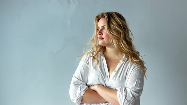 A confident plus-size blonde model posing in a studio for advertising purposes, showcasing diversity and body positivity. The video offers ample copy space for adding text or branding elements.