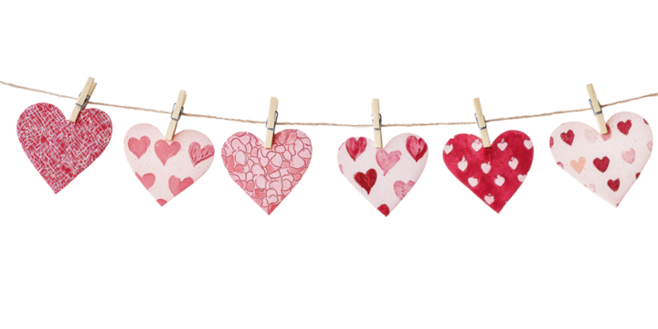 New Red and pink paper hearts hang on a thread with clothespins, garland isolate on transparent background - Powered by Adobe