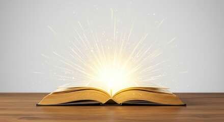 Magical Glowing Open Book on Wooden Table Fantasy Knowledge Wisdom Light