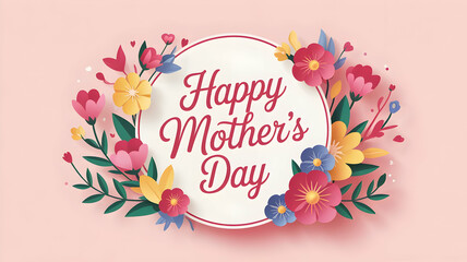 Obraz premium A beautifully designed Mother’s Day greeting card with a floral arrangement surrounding a circular white frame. The text 'Happy Mother's Day' is elegantly written in the center.