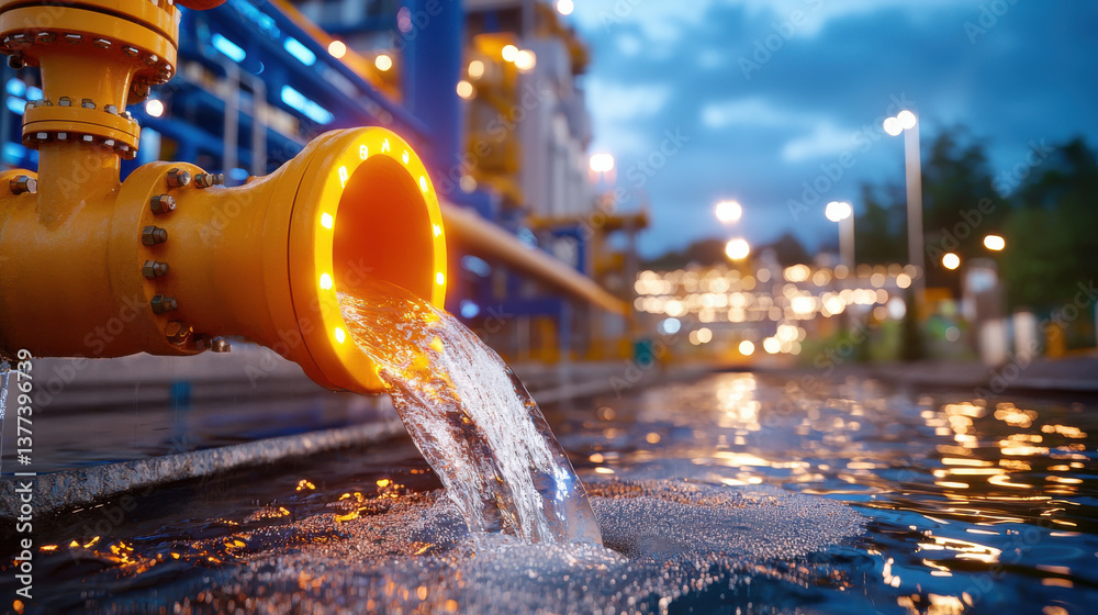 Aufkleber dramatic nighttime capture of water flowing through brightly lit industrial pipe, creating dynamic and vibrant scene. reflections on water add to visual appeal