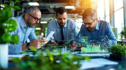 diverse team of entrepreneurs collaborates on renewable energy project, surrounded by digital graphs and green plants, symbolizing innovation and sustainability