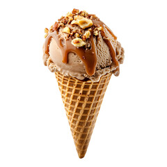 Ice cream cone with caramel sauce and chopped nuts isolated on transparent background
