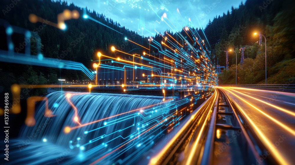 Fototapete futuristic night view of hydroelectric dam with vibrant digital lines representing energy flow, set 