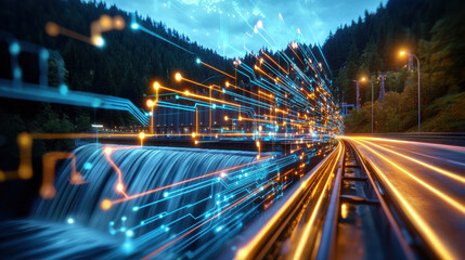 futuristic night view of hydroelectric dam with vibrant digital lines representing energy flow, set against backdrop of lush forests and glowing sky, creating dynamic scene