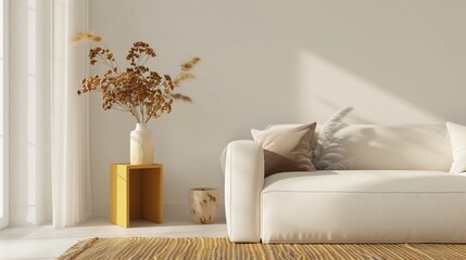 Sunlit living room with beige sofa, dried flowers, and yellow side table