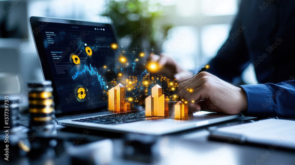 Poster person is working on laptop displaying digital graphs and data analytics, with glowing 3D bar charts emerging from screen, symbolizing financial growth and technology innovation
