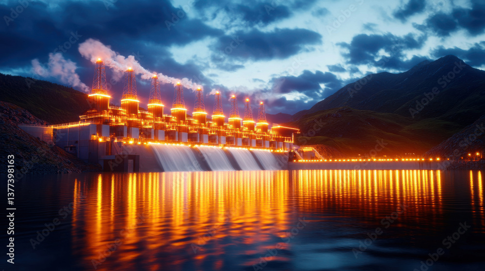 Poster stunning shot of hydroelectric facility illuminated at dusk, reflecting on calm water with mountains