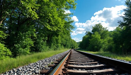 Following Railroad Tracks Through Lush Green Forest Under a Blue Sky
