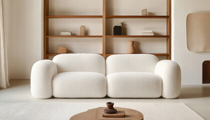 Modern living room with a stylish white sofa and wooden decor.