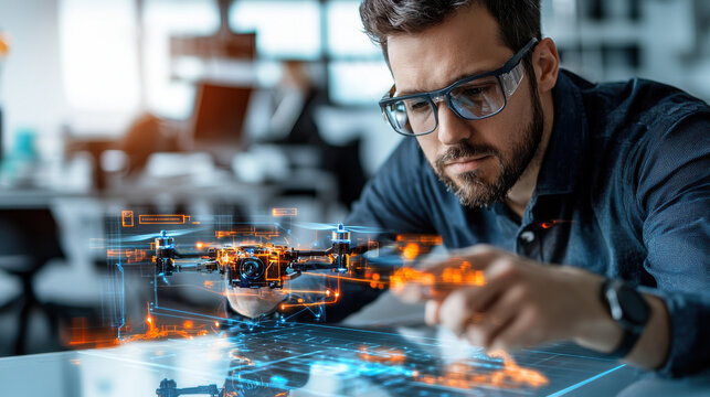 focused entrepreneur prototyping drone in sleek tech lab, surrounded by futuristic holographic displays, showcasing innovation and technology
