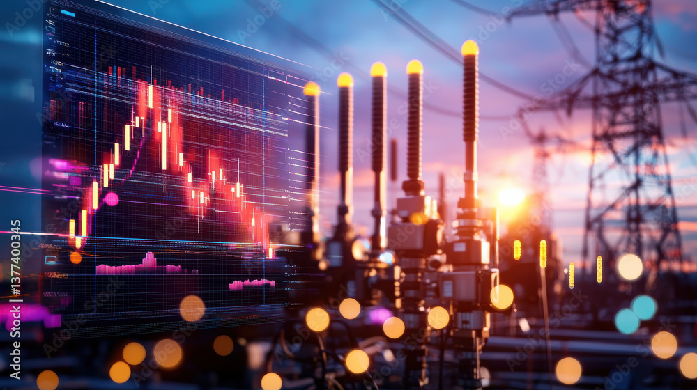 Fototapete digital energy stock display with industrial elements shows fluctuating graphs against backdrop of p