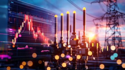 digital energy stock display with industrial elements shows fluctuating graphs against backdrop of power lines at sunset, creating dynamic and futuristic atmosphere