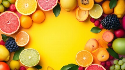 Vibrant flat lay of fresh summer fruits, bursting with rich colors and textures, elegantly arranged on a soft pastel background, evoking freshness and seasonal delight