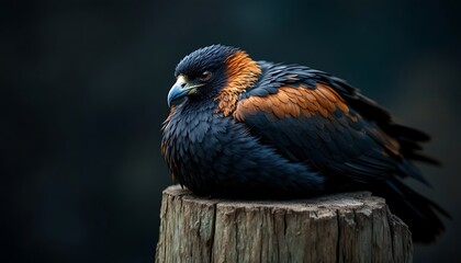 Fototapeta premium Resting Hawk Portrait on Wooden Post with Dark Plumage and Brown Details