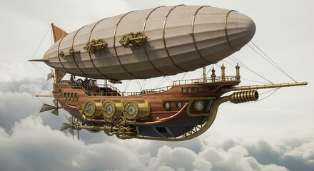 Naklejka premium Steampunk Airship Vintage Dirigible Soaring Above Clouds Fantasy Aerial Vessel