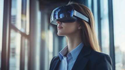 Young professional woman wearing augmented reality glasses, seamlessly interacting with virtual data in a modern corporate environment, showcasing innovation and future technology