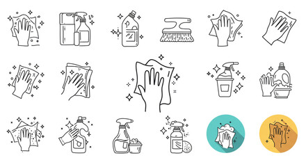 Sparkling clean: A collection of hand-drawn cleaning icons showcasing the joy of a spotless home, featuring simple line art and playful sparkle details.