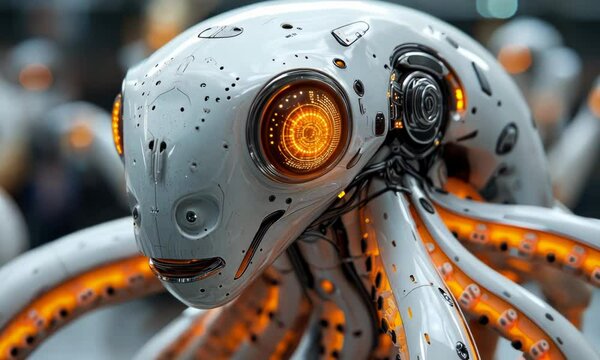 A highly detailed futuristic robot creature with glowing orange eyes and illuminated tentacles.
