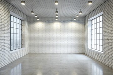 White empty room with ceiling lights and a window