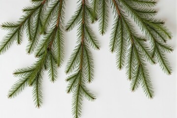 Obraz premium A Lush Green Fir Tree Branch Displaying Vibrant Needles Against a Minimalistic White Background Perfect for Holiday Decor and Nature Photography