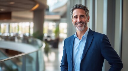 Fototapeta premium Smiling Middle-Aged Man in Blue Suit Standing Indoors