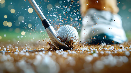 Golf swing freeze frame impact outdoor golf course action shot dynamic environment close-up precision and technique