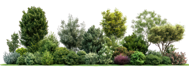 A group of trees and shrubs isolated on a transparent background