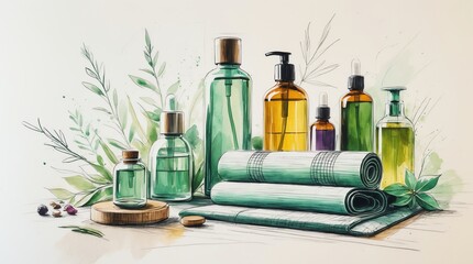 Spa Products and Towels Still Life with Botanical Sketch Style