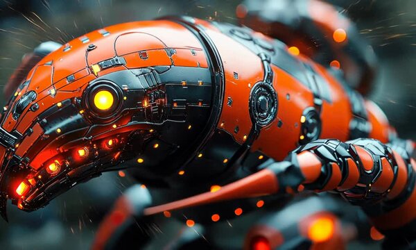 A detailed close-up of a vibrant and intricate robotic creature, with glowing accents and metallic surfaces.
