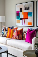 White Sofa with Colorful Striped Pillows and Abstract Wall Art in Modern Room