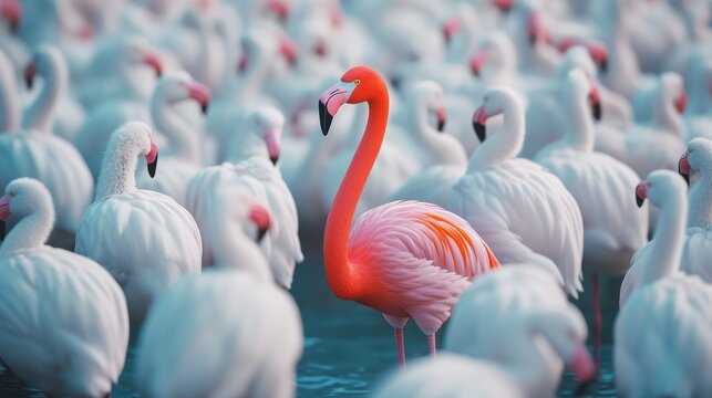 Pink flamingo stands out, flock, water, unique - Powered by Adobe
