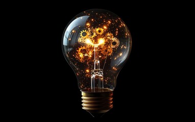 A light bulb with gears inside, symbolizing the concept of innovation and creativity, highresolution, modern design, dynamic glowing effects