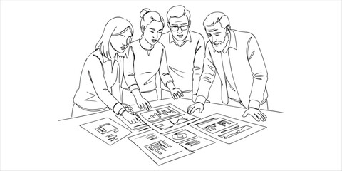 people discussing a document with graphs and reports continuous single line art drawing sketch on white background