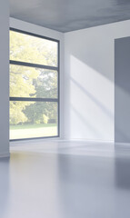 Fototapeta premium Bright modern room with large windows overlooking green landscape in daylight