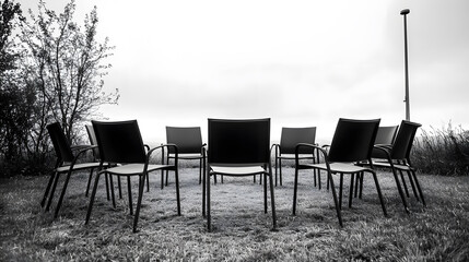 Empty chairs in a circle under overcast sky natural light wallpaper serene outdoor gathering thoughtful concept background