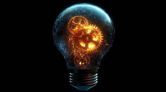 A glowing light bulb with gears turning inside, symbolizing the spark of innovation and creativity, highdefinition, sleek design, technological aesthetic