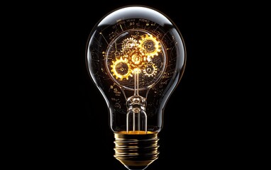 A light bulb with gears inside, representing the gears of innovation and idea generation, highdefinition, glowing design, modern digital art