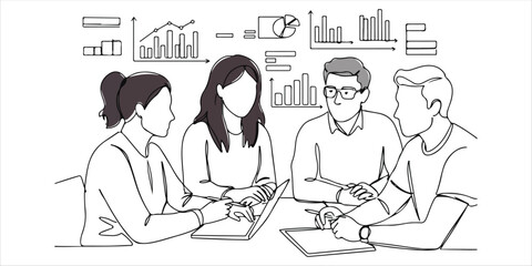 A group of individuals gathers around a table, actively engaging in discussion and exchanging ideas. Their conversation is supported by visual data, with graphs displayed in the background, providing 